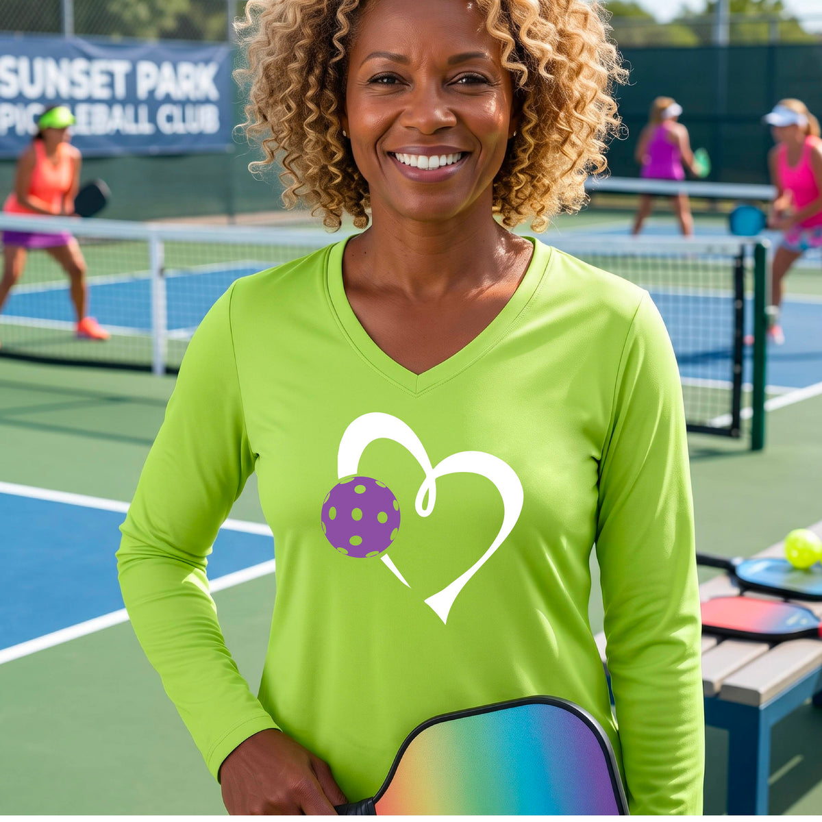 A smiling older woman on a pickleball court wearing a bright lime green long-sleeve V-neck shirt with a white heart outline and a purple pickleball graphic. 