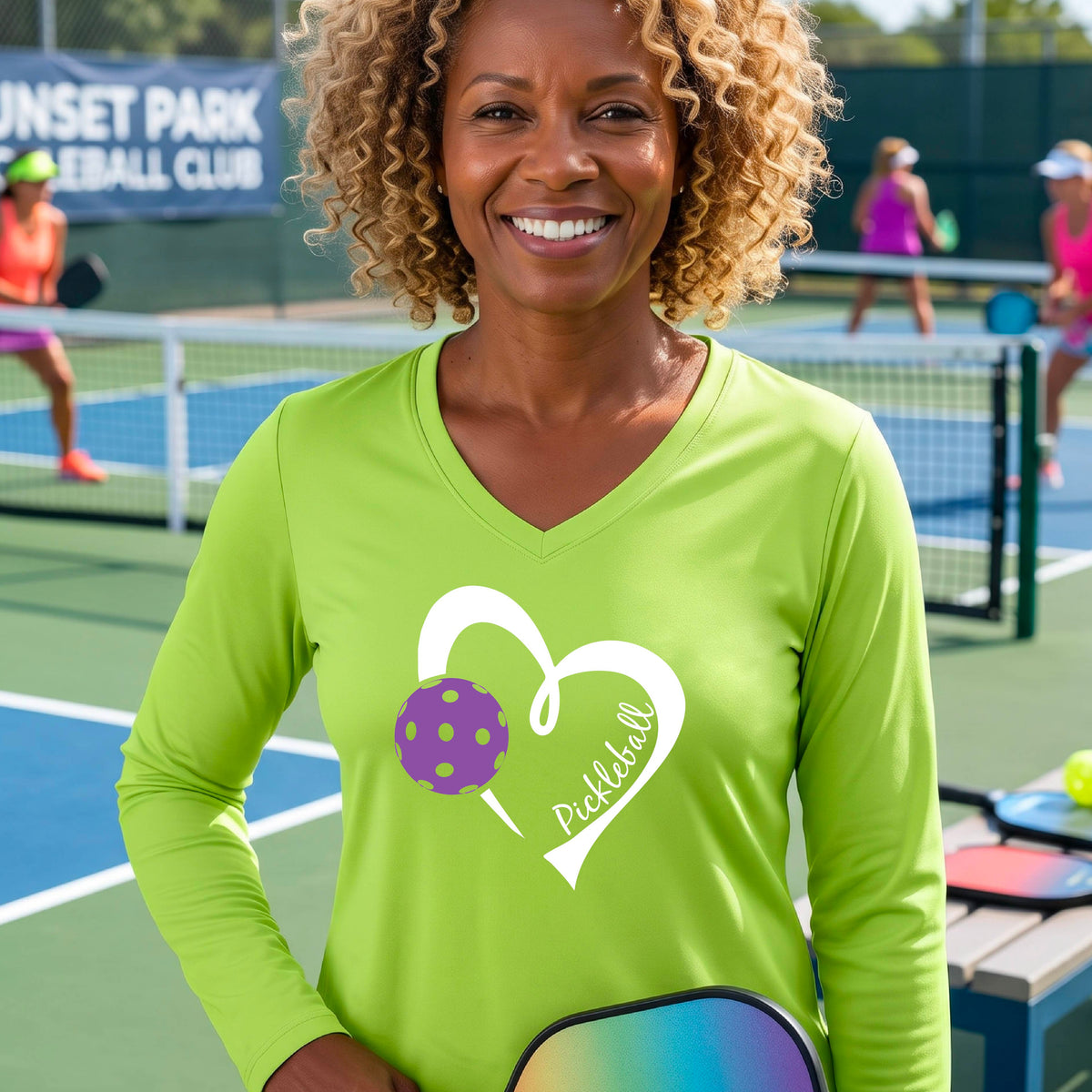 A smiling woman stands on a pickleball court wearing a lime green long-sleeve V-neck shirt with a white heart outline, a purple pickleball graphic, and the word 'Pickleball' printed on the front. 