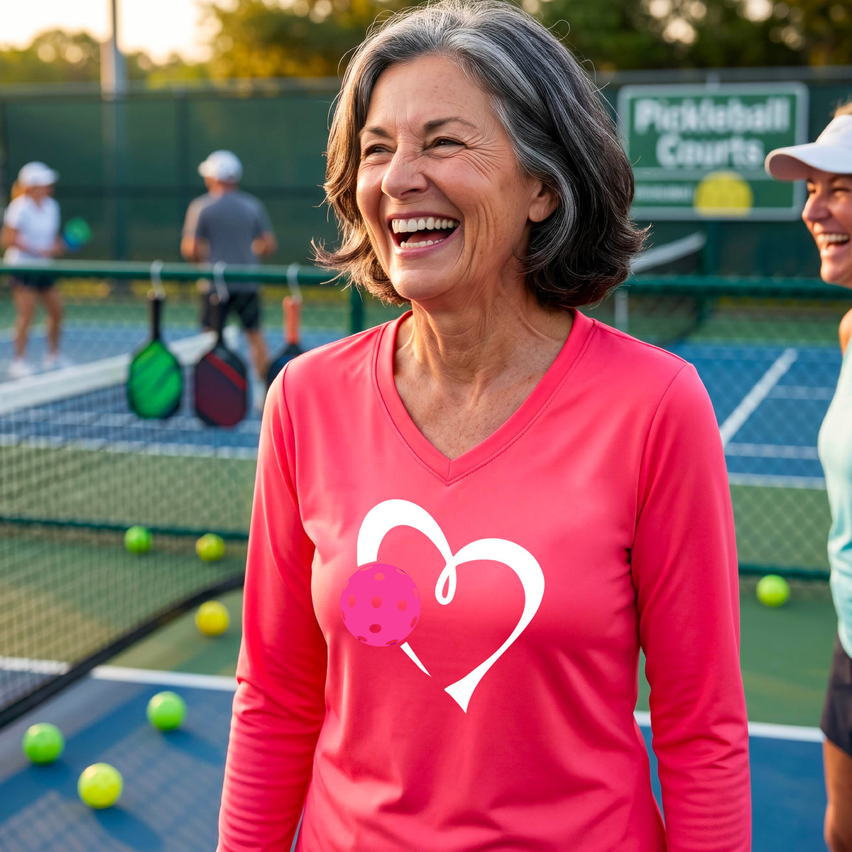 A smiling woman on a pickleball court wearing a coral pink long-sleeve V-neck shirt with a white heart outline and a pink pickleball graphic on the front.