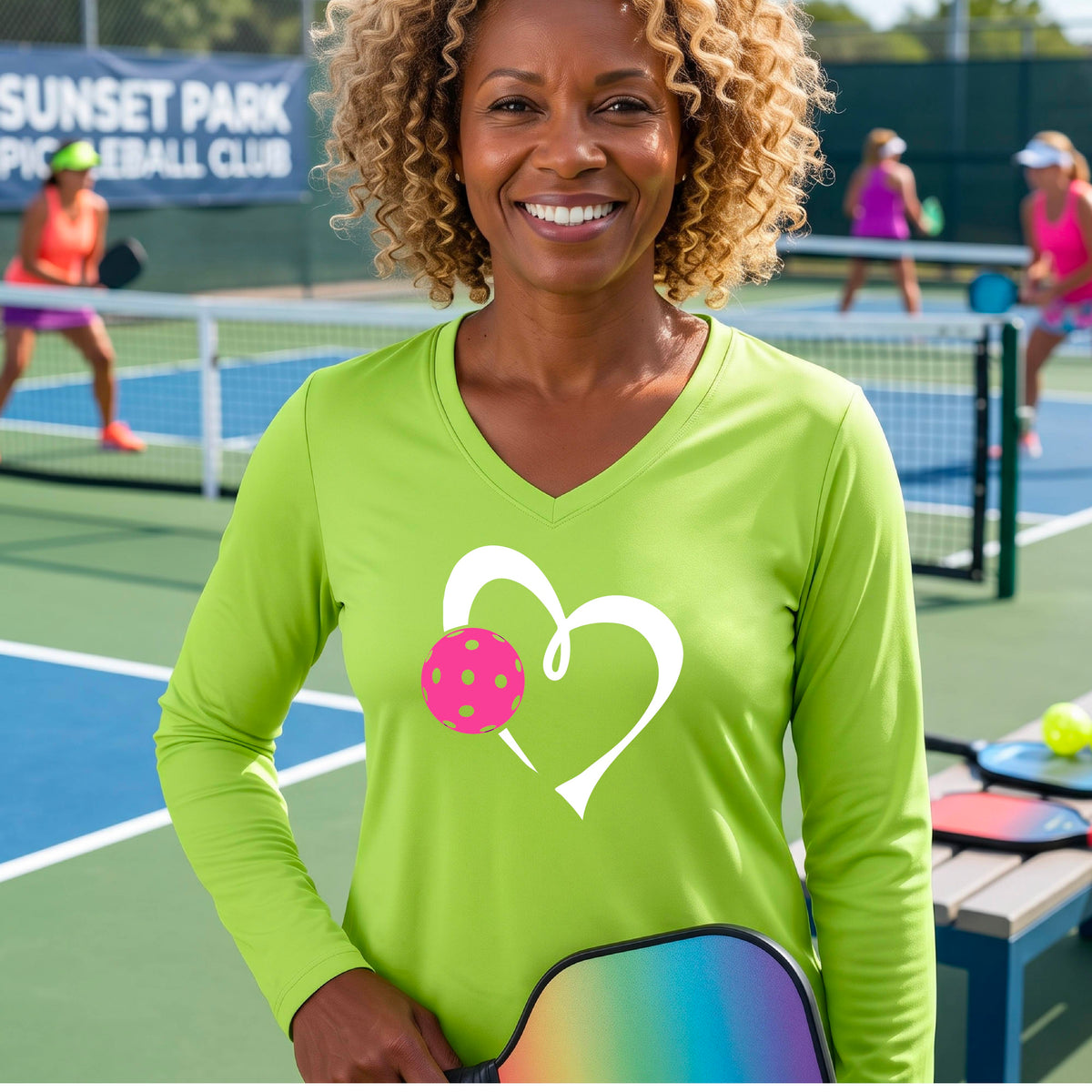A smiling woman on a pickleball court wearing a lime green long-sleeve V-neck shirt with a white heart outline and a pink pickleball graphic on the front.