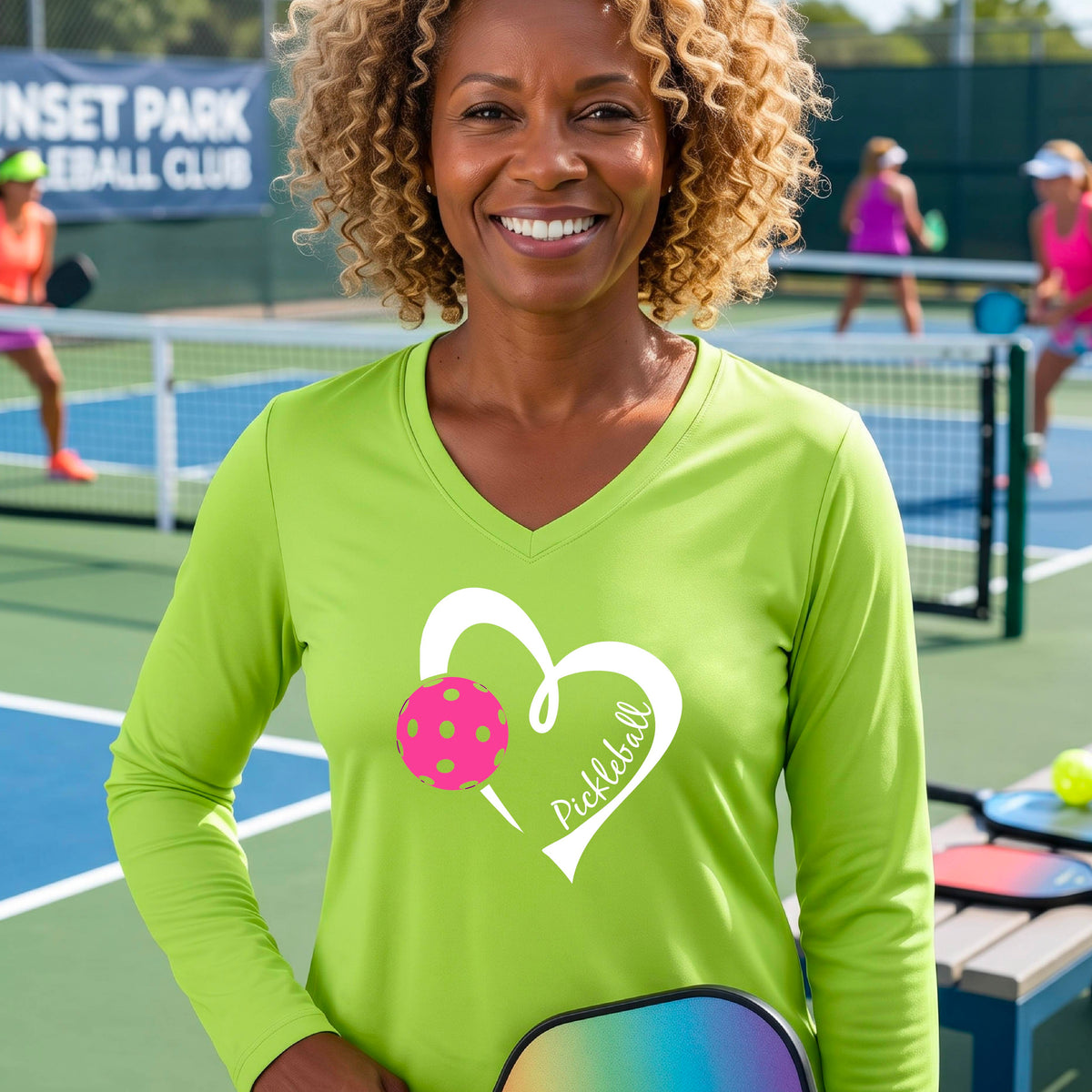 A woman smiling on a pickleball court wearing a bright lime green long-sleeve V-neck athletic shirt with a white heart outline, pink pickleball graphic, and the word 'Pickleball' printed on the front. 