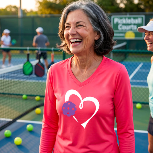 A smiling older woman on a pickleball court wearing a bright pink long-sleeve V-neck shirt with a white heart outline and a purple pickleball graphic. 