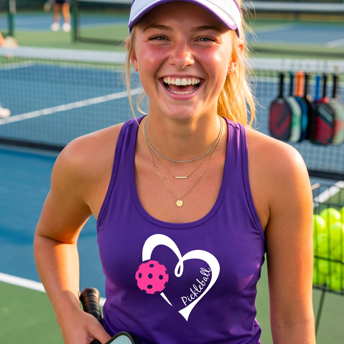 A smiling woman on a pickleball court wearing a purple athletic tank top with a white heart outline, a pink pickleball graphic, and the name 'Pickball' in script. 