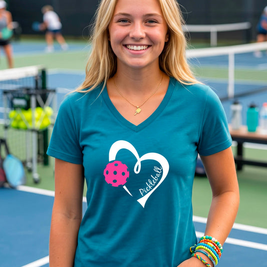 A smiling blonde woman on a blue pickleball court wearing a teal V-neck t-shirt with a white heart outline, a pink pickleball graphic, and the name 'Pickleball' printed on the front.
