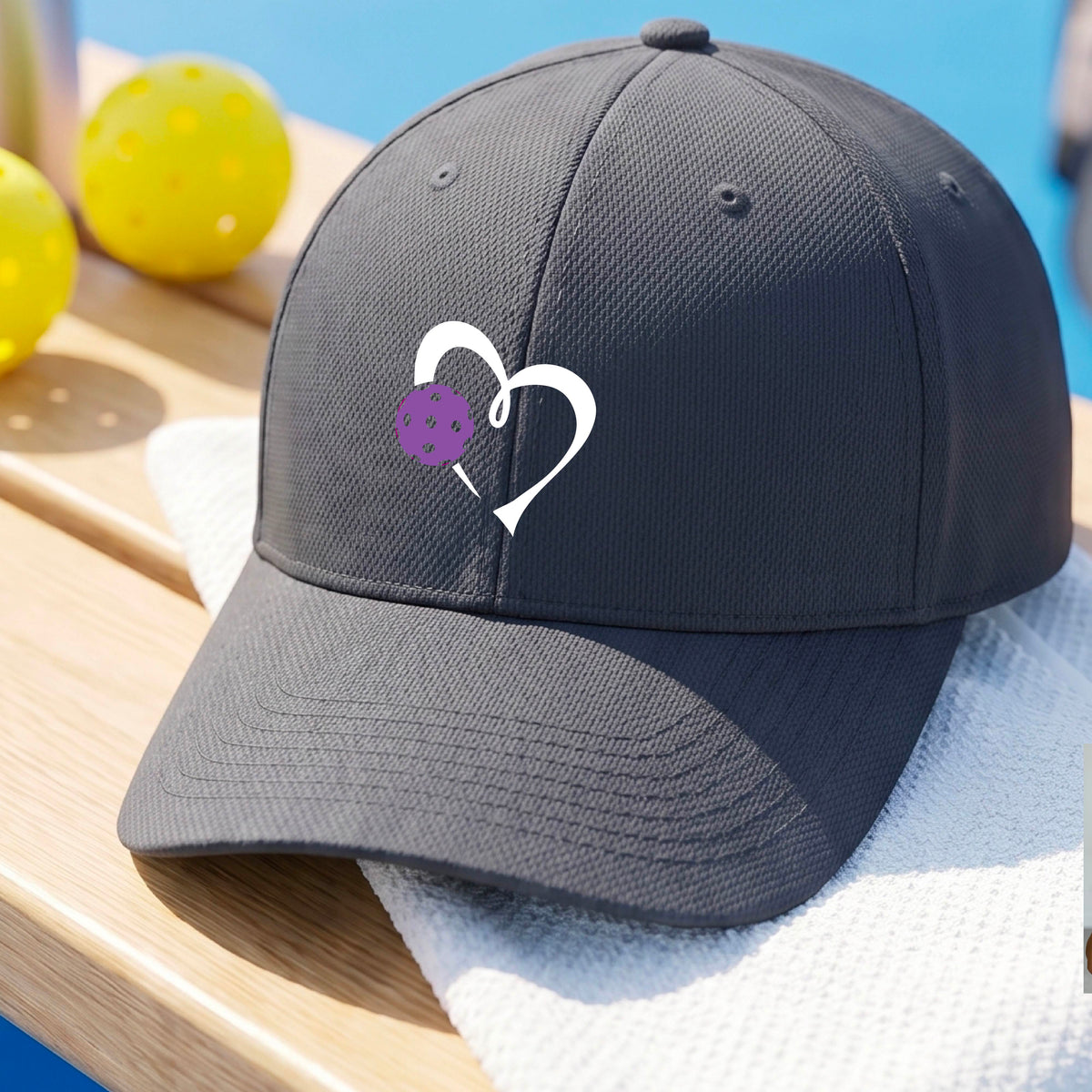 A close-up of a graphite gray baseball cap with a white heart outline and a purple pickleball graphic on the front.