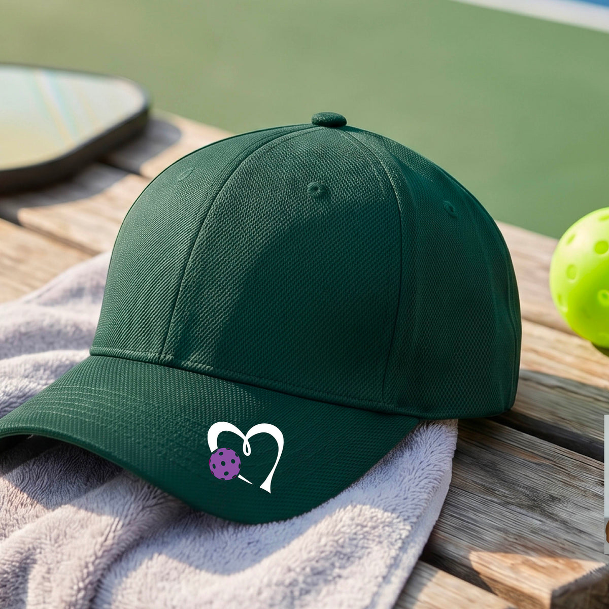 A close-up of a green baseball cap with a white heart outline and a purple pickleball graphic on the front.
