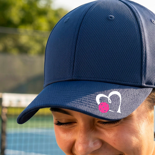 A close-up of a navy blue baseball cap with a white heart outline and a pink pickleball graphic with a blurred outdoor pickleball court background.