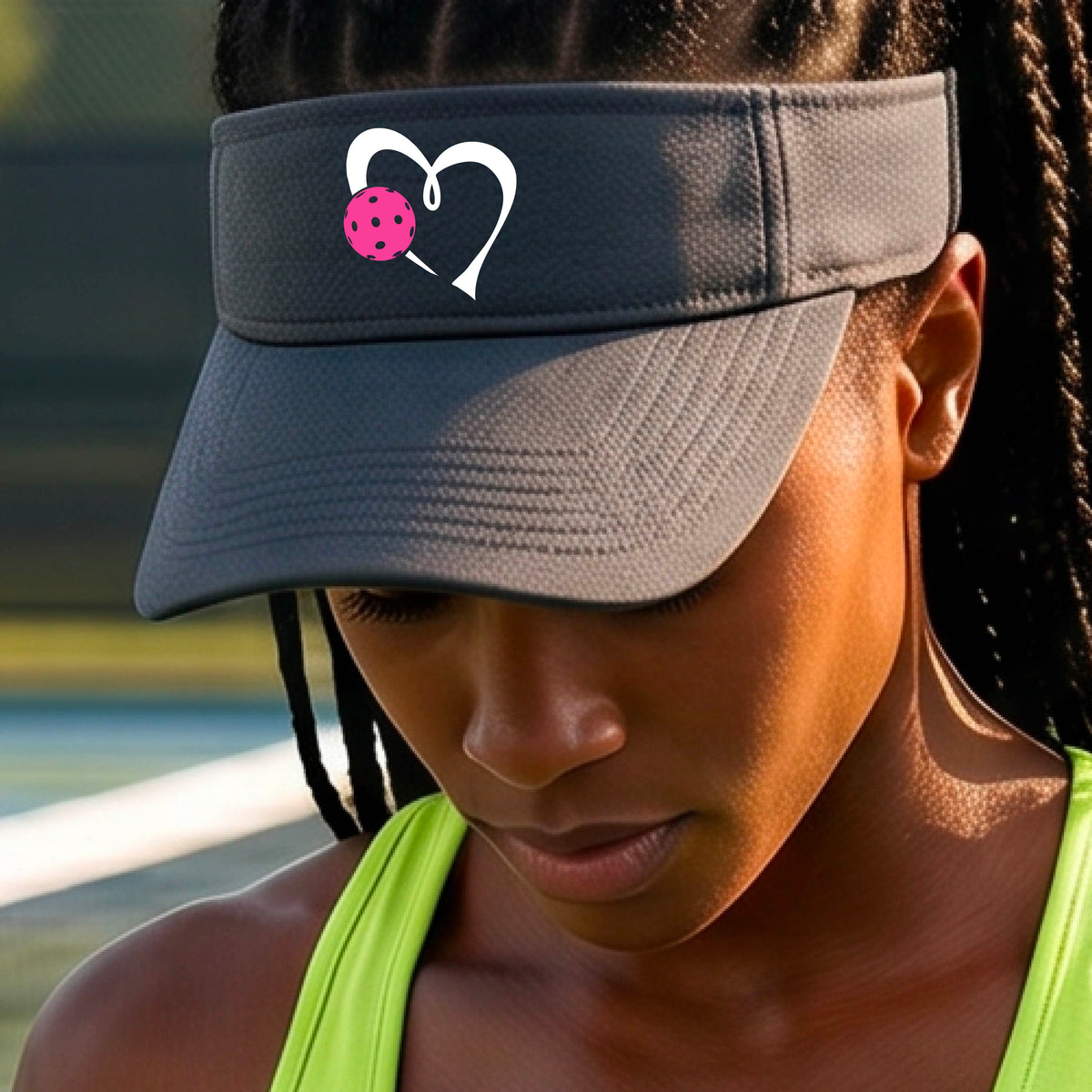 A woman wearing a dark gray athletic visor with a white heart outline and a pink heart and pickleball graphic on the brim, photographed outdoors on what appears to be a pickleball court.