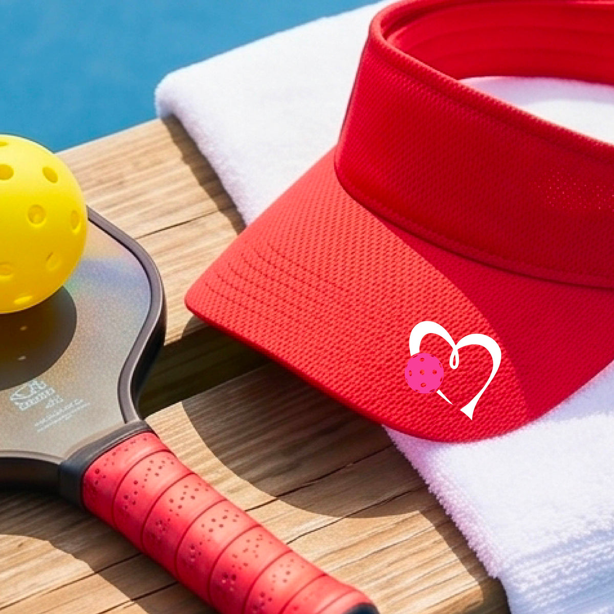 A red athletic visor with a white heart outline and a pink heart and pickleball graphic on the brim, photographed outdoors on what appears to be a pickleball court.