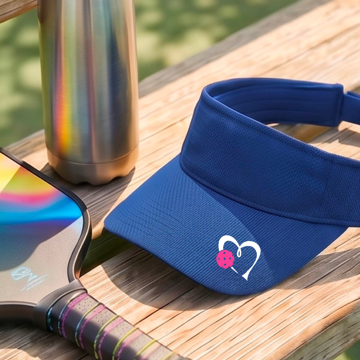 Aroyal blue athletic visor with a white heart outline and a pink heart and pickleball graphic on the brim, photographed outdoors on what appears to be a pickleball court.