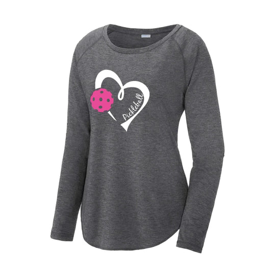 Pickleball Love (Pink) | Clearance Women's Long Sleeve Scoop Neck Pickleball Performance T-Shirts | 75/13/12 poly/cotton/rayon