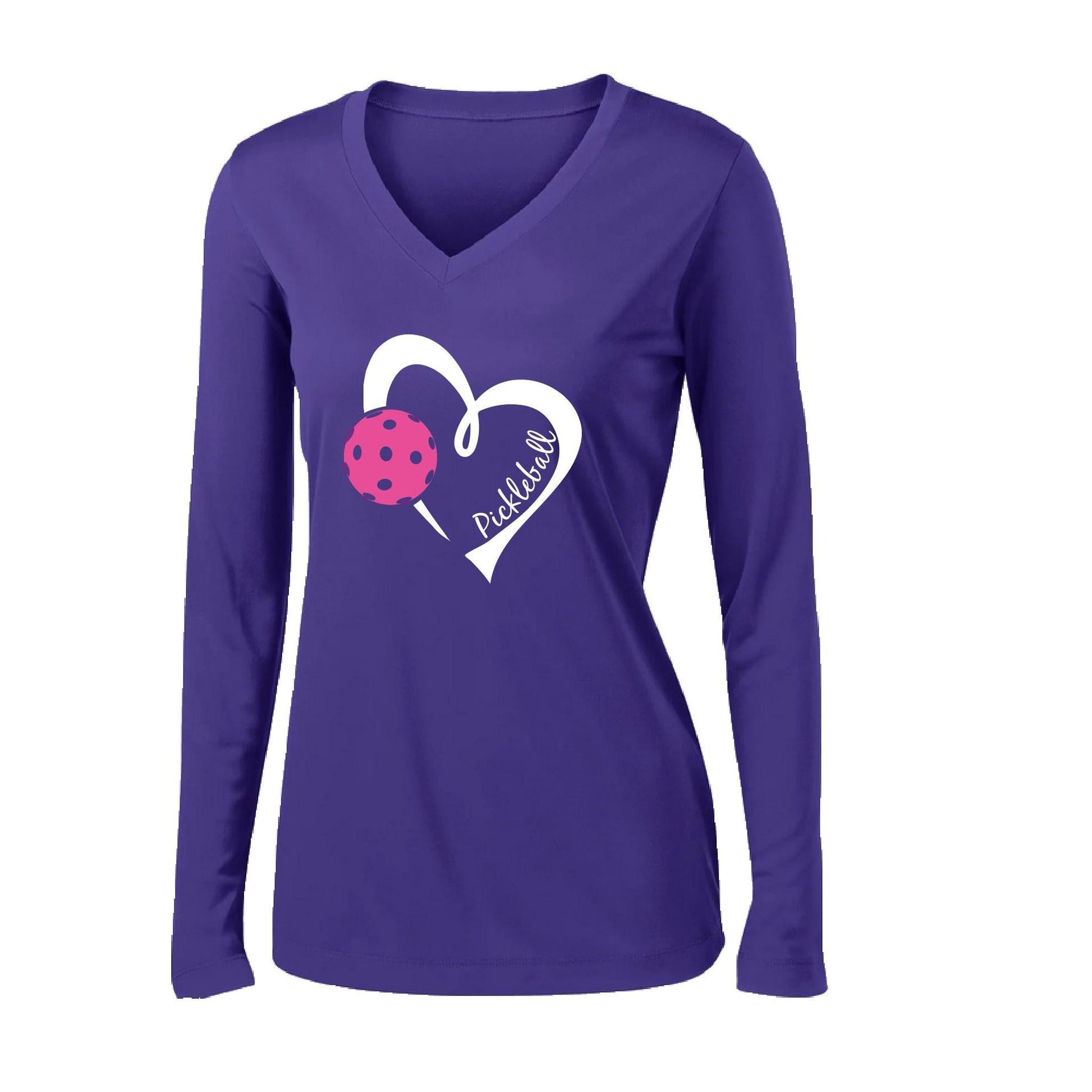 Pickleball Love (Pink) | Women’s Long Sleeve V-Neck Pickleball Performance T-Shirt | 100% Polyester