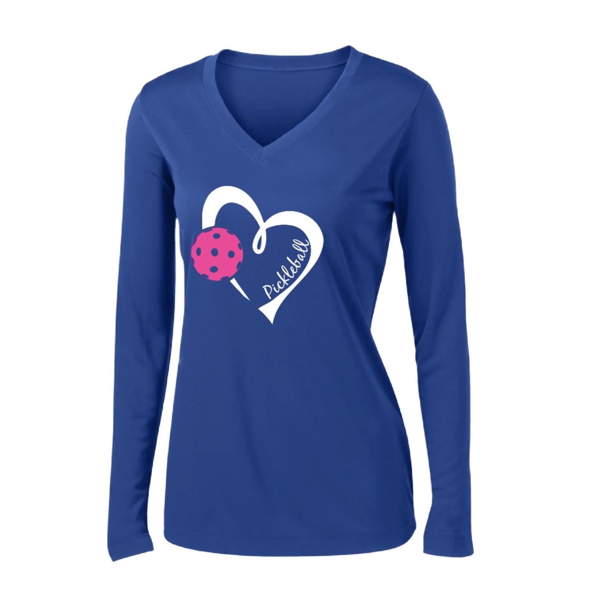 Pickleball Love (Pink) | Women’s Long Sleeve V-Neck Pickleball Performance T-Shirt | 100% Polyester