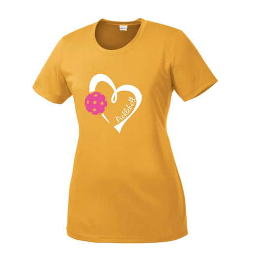 Pickleball Love (Pink) | Women’s Short Sleeve Crewneck Pickleball Performance T-Shirts | 100% Polyester