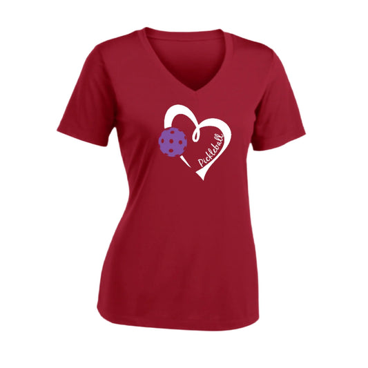 Pickleball Love (Purple) | Clearance Women's Short Sleeve V-Neck Pickleball Performance T-Shirts | 100% Polyester