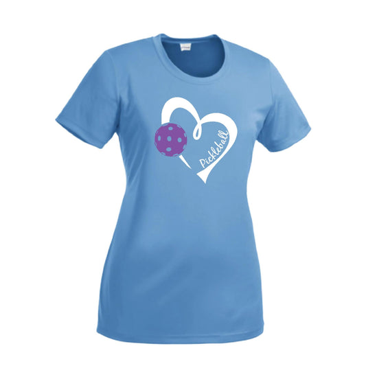 Pickleball Love (Purple) | Women’s Short Sleeve Crewneck Pickleball Performance T-Shirts | 100% Polyester