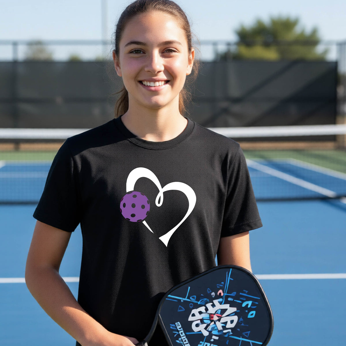 A young teenager laughing on a pickelball court, wearing a black t-shirt with a white heart outline and a purple pickleball graphic.