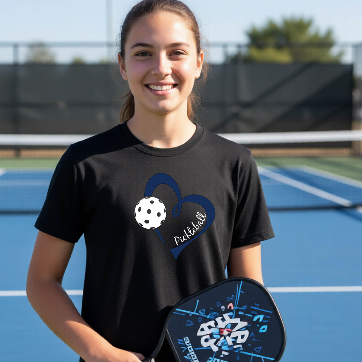 A young person smiling and laughing on a pickleball court, wearing a black t-shirt with a navy blue heart, a white pickleball graphic, and the word 'Pickleball' written on the front.