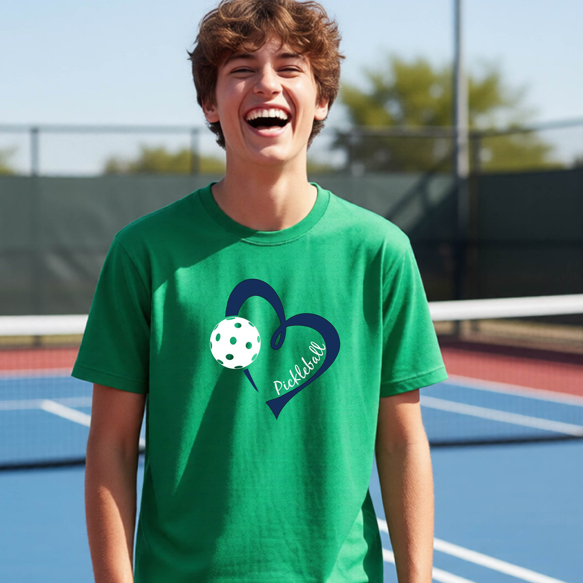 A young person smiling and laughing on a pickleball court, wearing a green t-shirt with a navy blue heart, a white pickleball graphic, and the word 'Pickleball' written on the front.