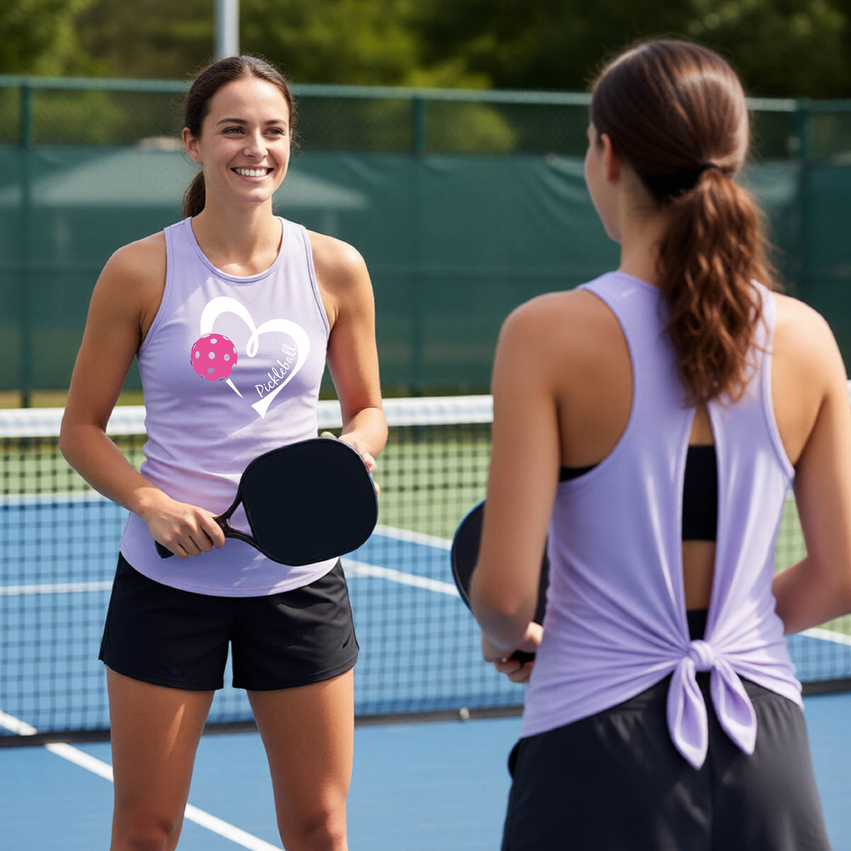 Two women on a blue pickleball court wearing matching light purple athletic aplitback tie tank tops. The woman on the left faces the camera, with a white heart, a pink pickleball and the text 'Pickleball' inside the heart, while the woman on the right is shown from the back wearing the tie-front tank top.