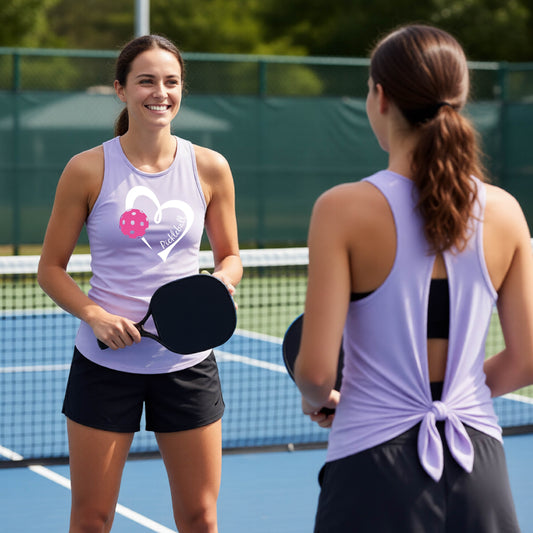 Two women on a blue pickleball court wearing matching light purple athletic aplitback tie tank tops. The woman on the left faces the camera, with a white heart, a pink pickleball and the text 'Pickleball' inside the heart, while the woman on the right is shown from the back wearing the tie-front tank top.