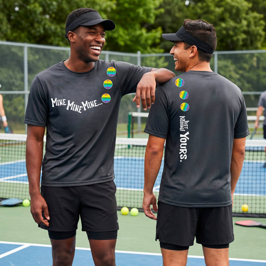 Two men on a pickleball court wearing matching gray short-sleeve t-shirts. One shows the front with the text 'MINE MINE MINE' along with three pickleball graphics. and the back text 'JUST KIDDING YOURS, along with three pickleball graphics.
