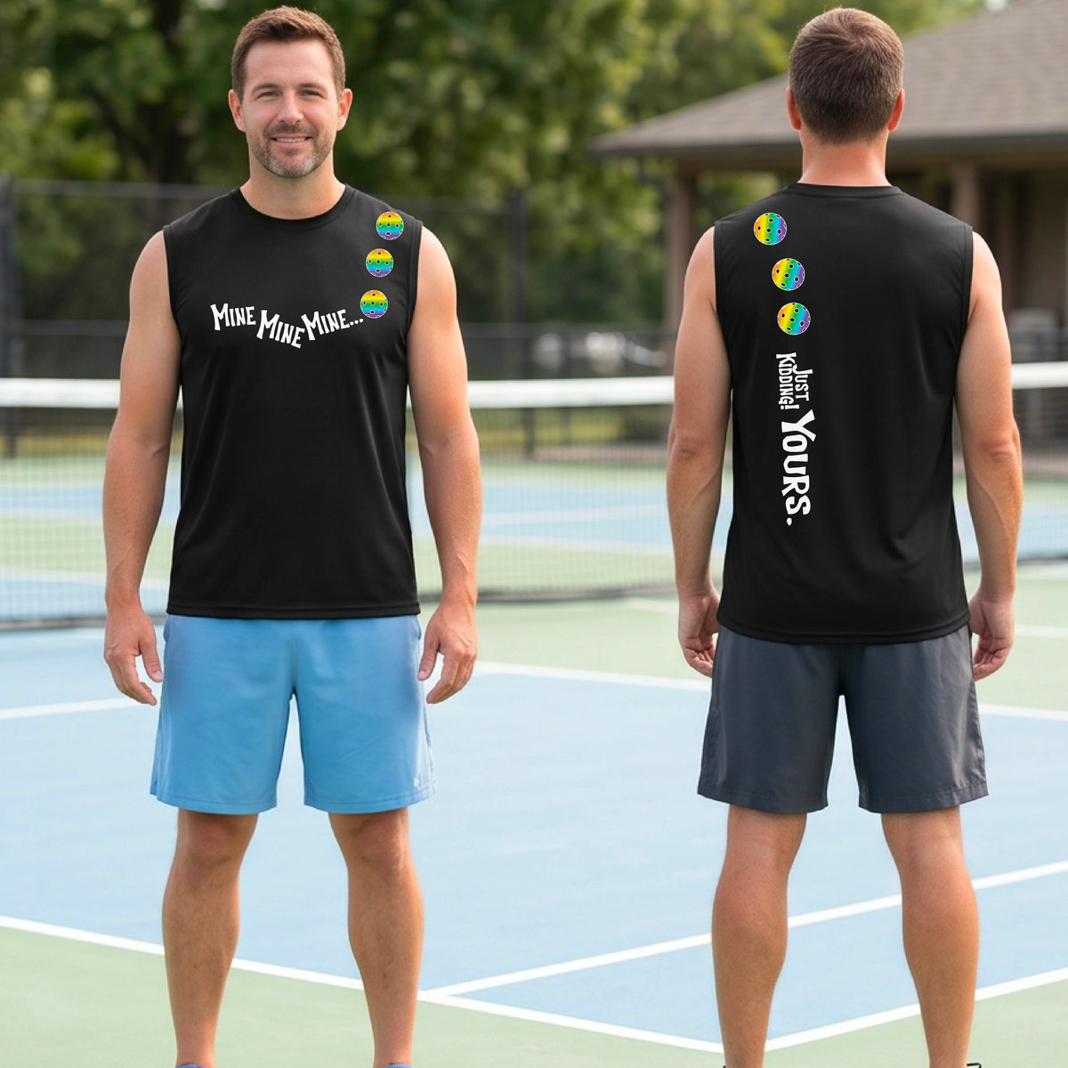 Two men on a pickleball court wearing matching black sleeveless t-shirts. One shows the front with the text 'MINE MINE MINE' along with three pickleball graphics. and the back text 'JUST KIDDING YOURS, along with three pickleball graphics.
