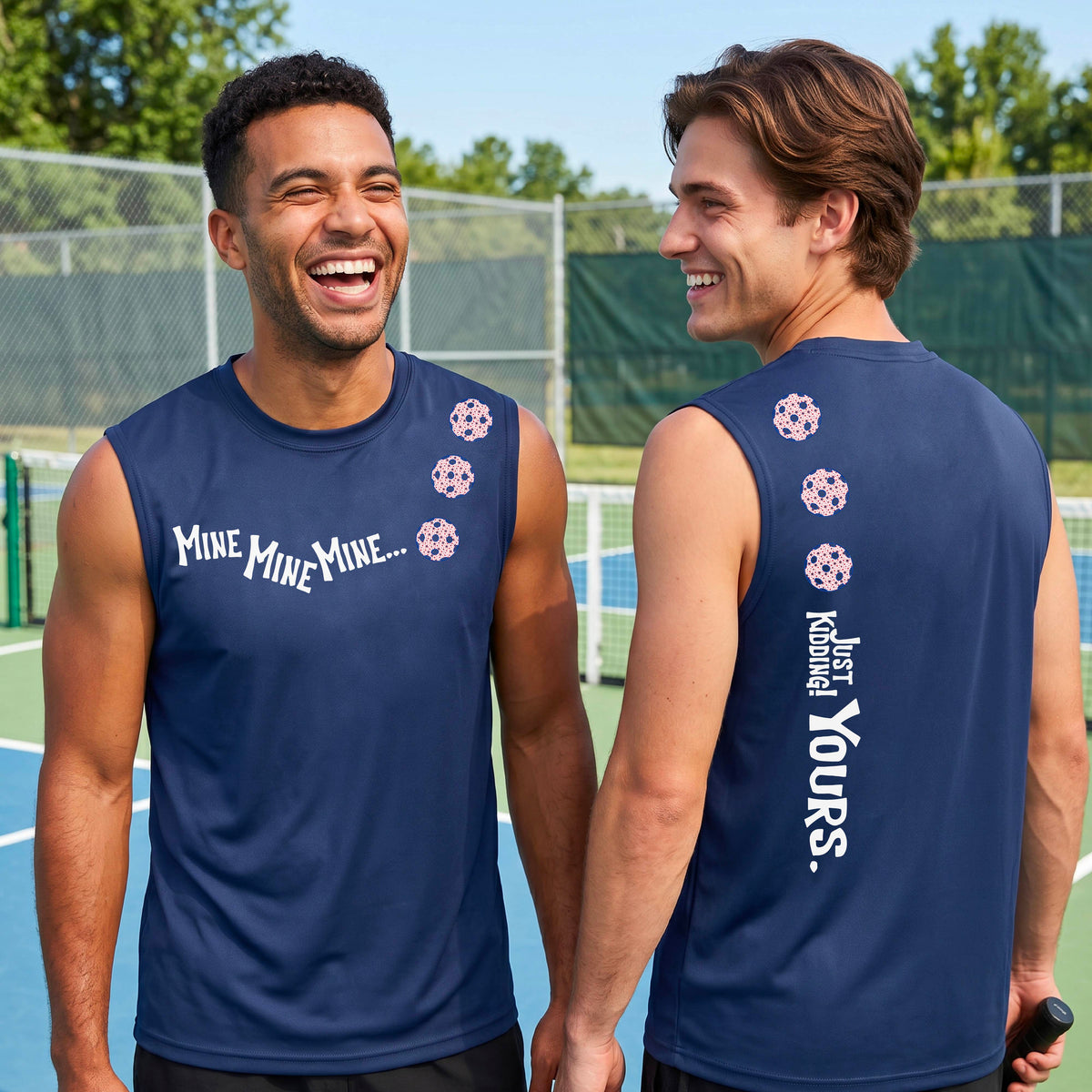 Two men on a pickleball court wearing matching royal blue sleeveless t-shirts. One shows the front with the text 'MINE MINE MINE' along with three pickleball graphics. and the back text 'JUST KIDDING YOURS, along with three pickleball graphics.