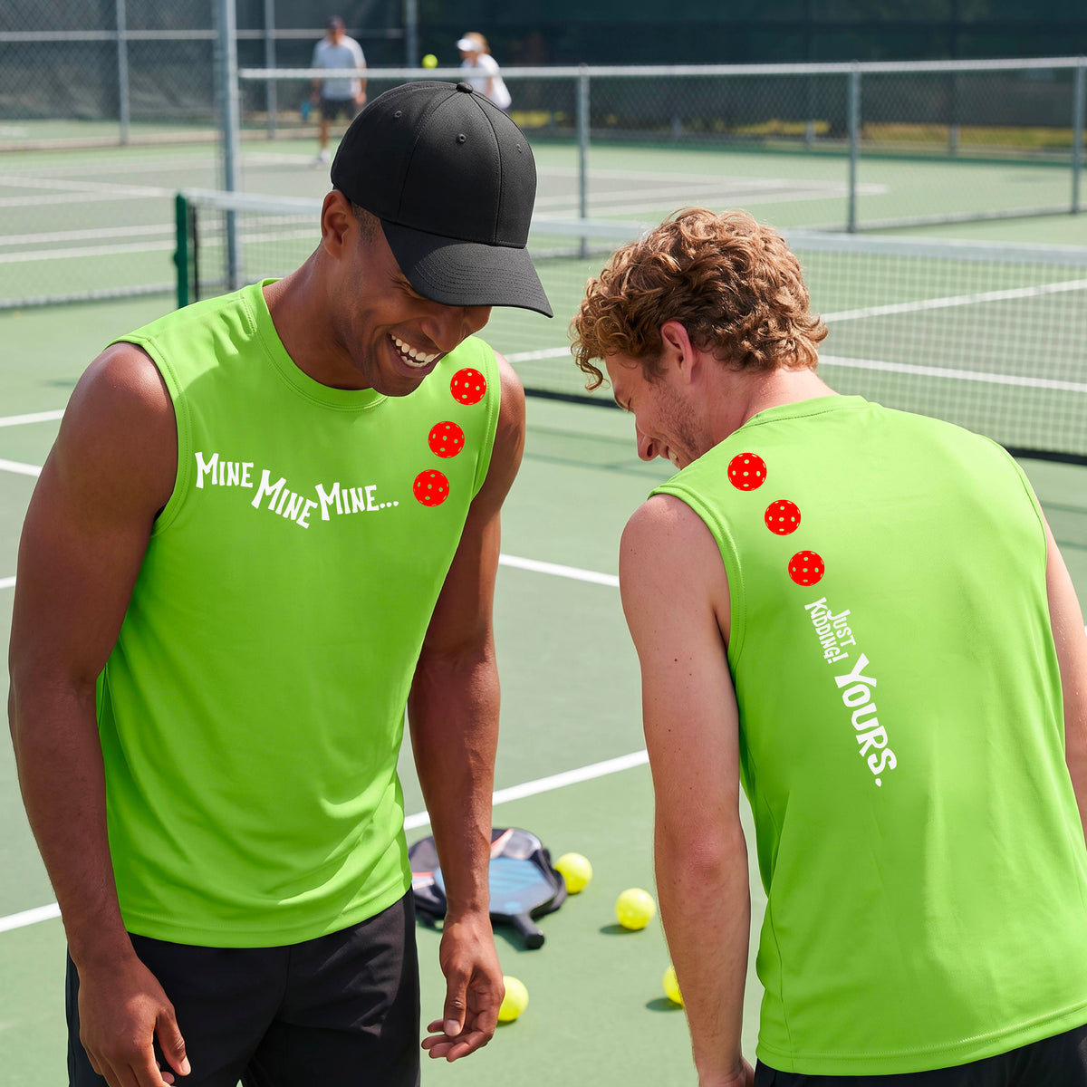 Two men on a pickleball court wearing matching lime green sleeveless t-shirts. One shows the front with the text 'MINE MINE MINE' along with three pickleball graphics. and the back text 'JUST KIDDING YOURS, along with three pickleball graphics.