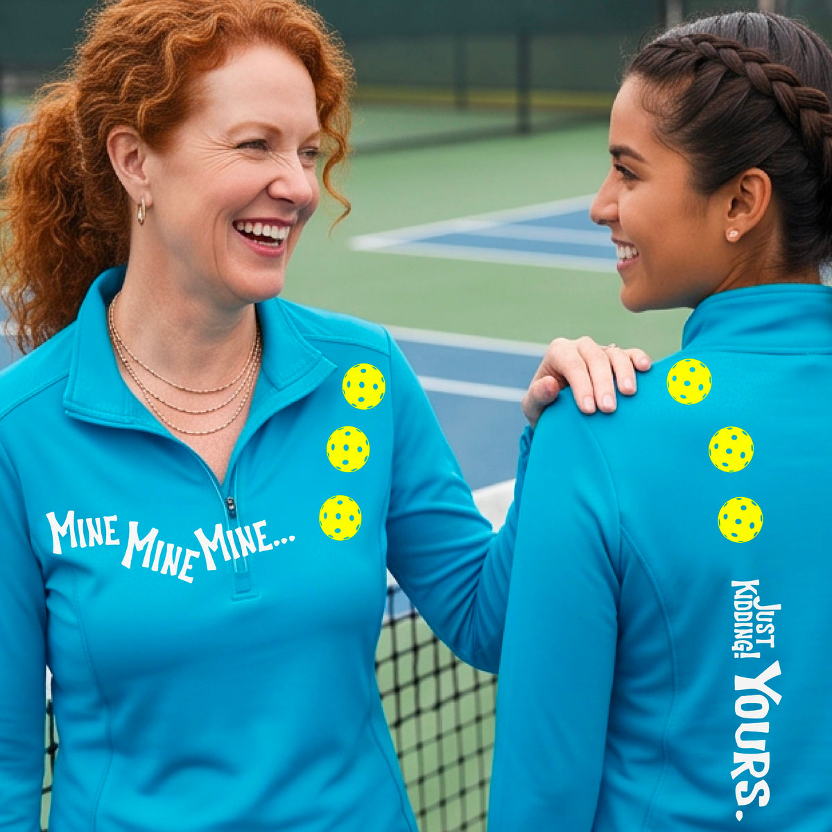 Two women on a pickleball court wearing matching bright blue quarter-zip pullover shirts. One shows the front with the text 'MINE MINE MINE' along with three pickleball graphics. and the back text 'JUST KIDDING YOURS, along with three pickleball graphics.