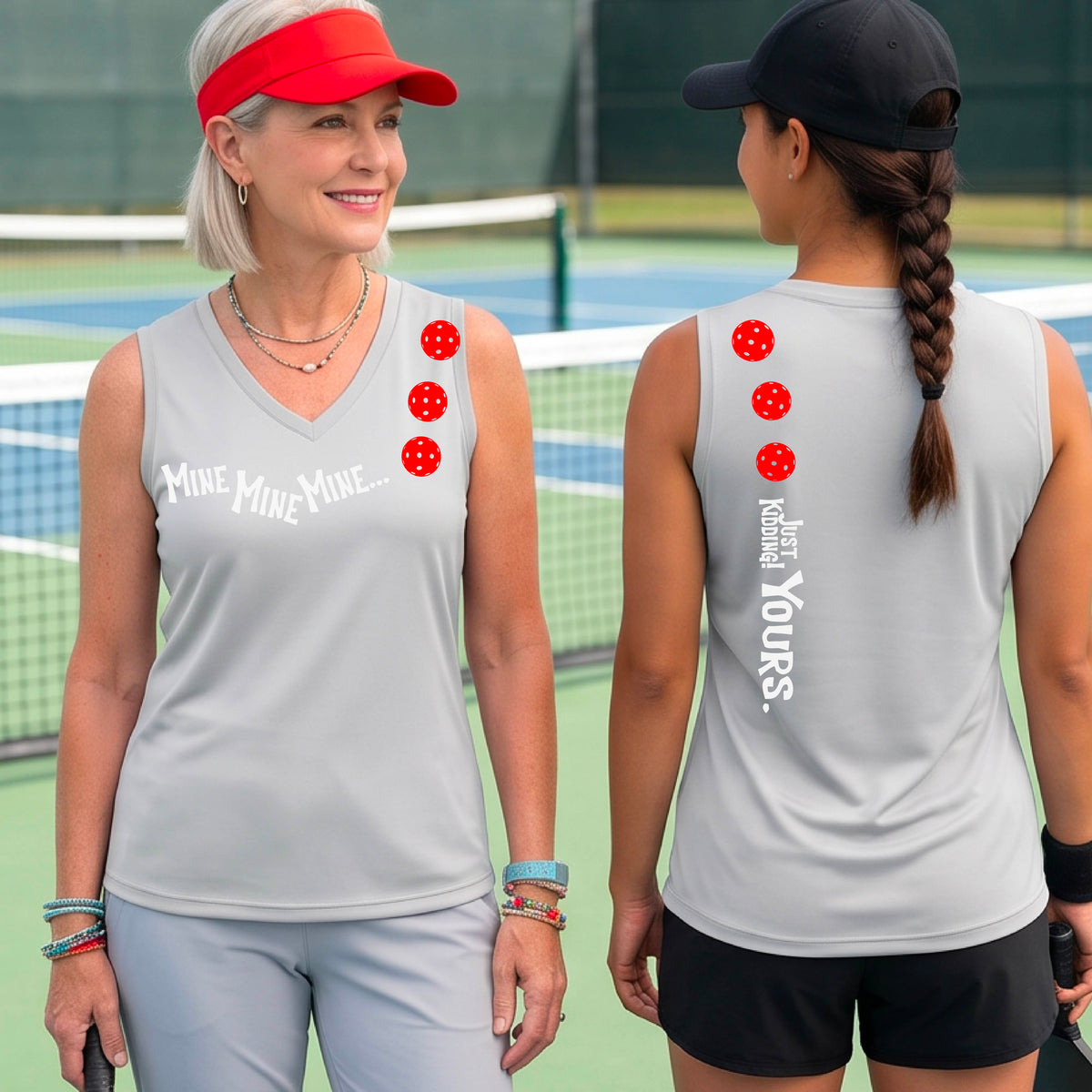 Two women on a pickleball court wearing matching silver sleeveless t-shirts.  One shows the front with the text 'MINE MINE MINE' along with three pickleball graphics. and the back text 'JUST KIDDING YOURS, along with three pickleball graphics.