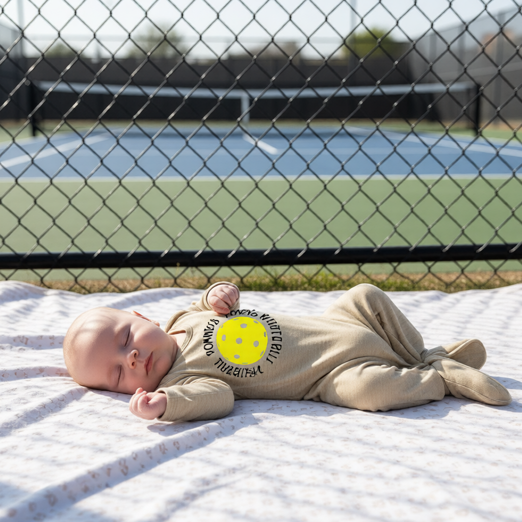 A baby sleeping on a white blanket on a pickleball court, with a graphic text of 'Mommy's Future Pickleball Partner" wearing a beige footed knotted newborn sleeper.