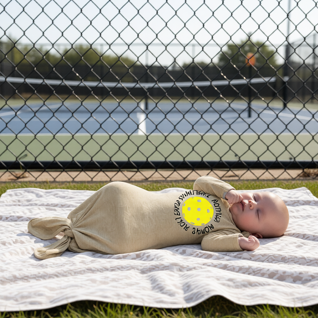 A baby sleeping on a white blanket on a pickleball court, with a graphic text of 'Daddy's Future Pickleball Partner" wearing a beige footed knotted newborn sleeper.