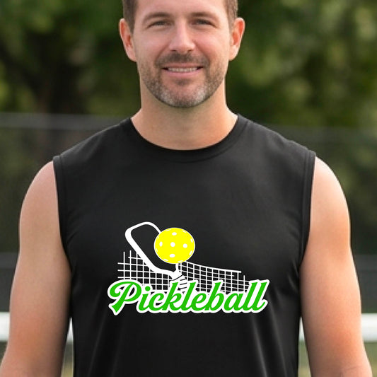 A man wearing a black sleeveless t-shirt with a graphic on the front that has white and green text "PICKLEBALL'  with a white pickleball paddle and net and a yellow pickleball above the text graphic.