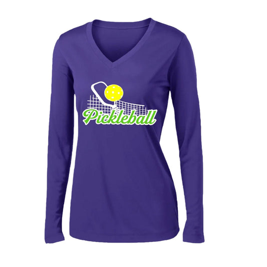 Pickleball Net | Women’s Long Sleeve V-Neck Pickleball Performance T-Shirt | 100% Polyester
