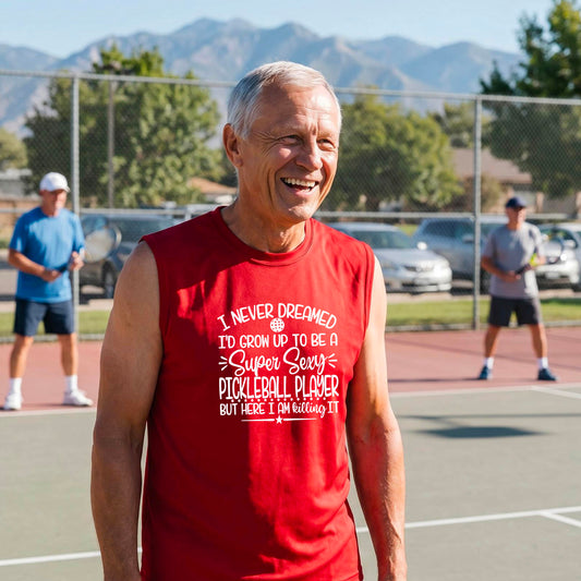 A man on a pickleball court wearing a red sleeveless t-shirt with a white graphic of the text:  ‘I Never Dreamed I’d Grow Up To Be A Super Sexy Pickleball Player But Here I Am Killing It!’, standing on a pickleball court.