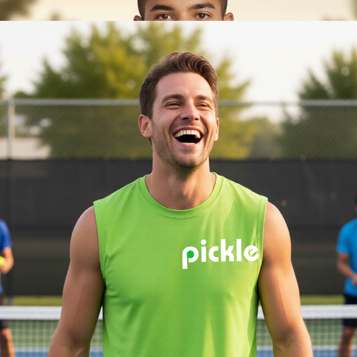 A man wearing a lime green sleeveless t-shirt with a white graphic of ‘PICKLE’ with a green pickleball integrated into the letter P printed on the front, in front of a pickleball court. 