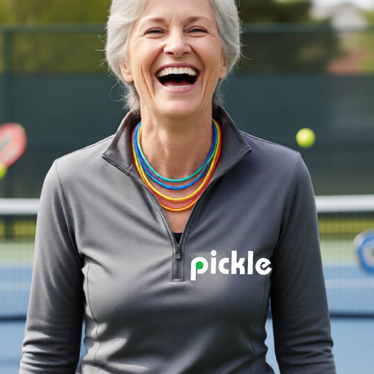 A woman wearing a gray quarter-zip shirt with a white graphic of ‘PICKLE’ with a green pickleball integrated into the letter P printed on the front, in front of a pickleball court. 