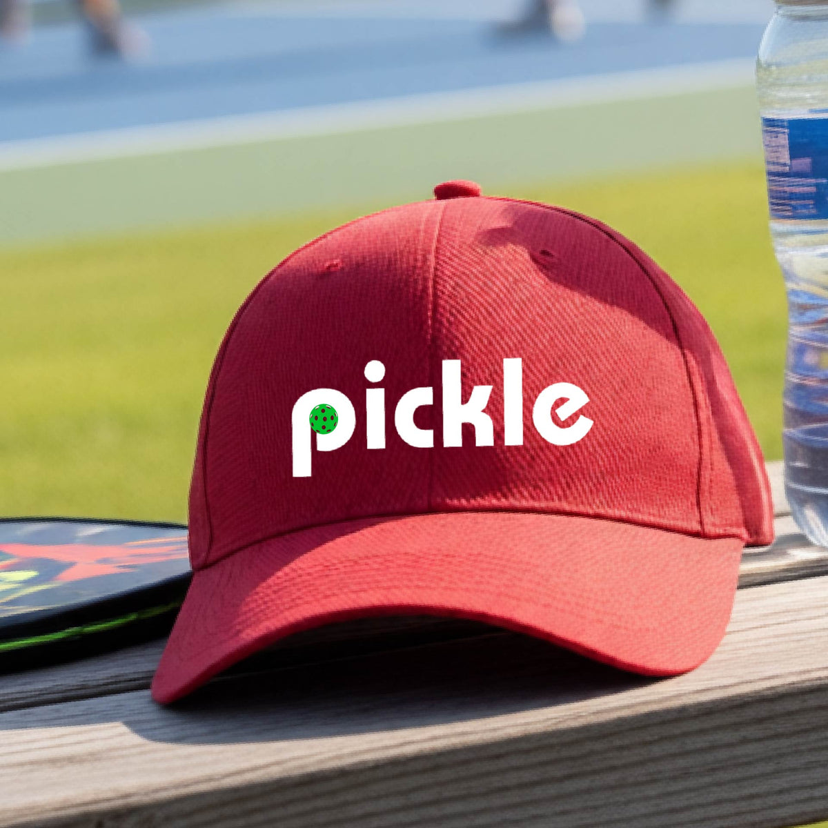 A close-up of a red pickleball mid-profile hat with a white graphic of ‘PICKLE’ with a green pickleball integrated into the letter P, in front of a pickleball court. 
