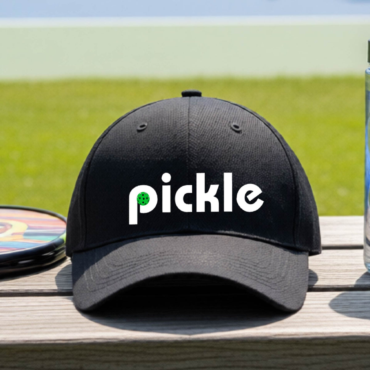 A close-up of a black pickleball mid-profile hat with a white graphic of ‘PICKLE’ with a green pickleball integrated into the letter P, in front of a pickleball court. 