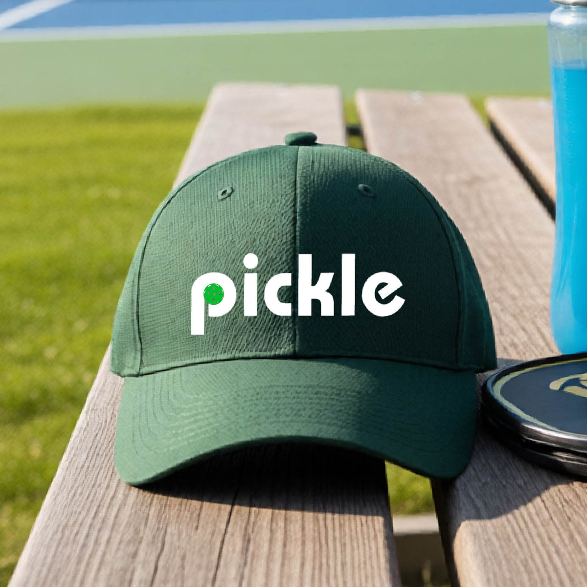 A close-up of a green pickleball mid-profile hat with a white graphic of ‘PICKLE’ with a green pickleball integrated into the letter P, in front of a pickleball court. 
