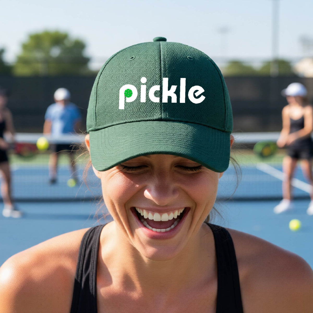 A close-up of a green pickleball mid-profile hat with a white graphic of ‘PICKLE’ with a green pickleball integrated into the letter P, in front of a pickleball court. 