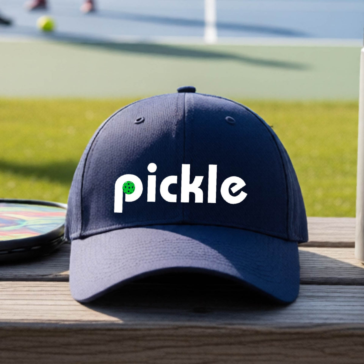 A close-up of a navy blue pickleball mid-profile hat with a white graphic of ‘PICKLE’ with a green pickleball integrated into the letter P, in front of a pickleball court. 