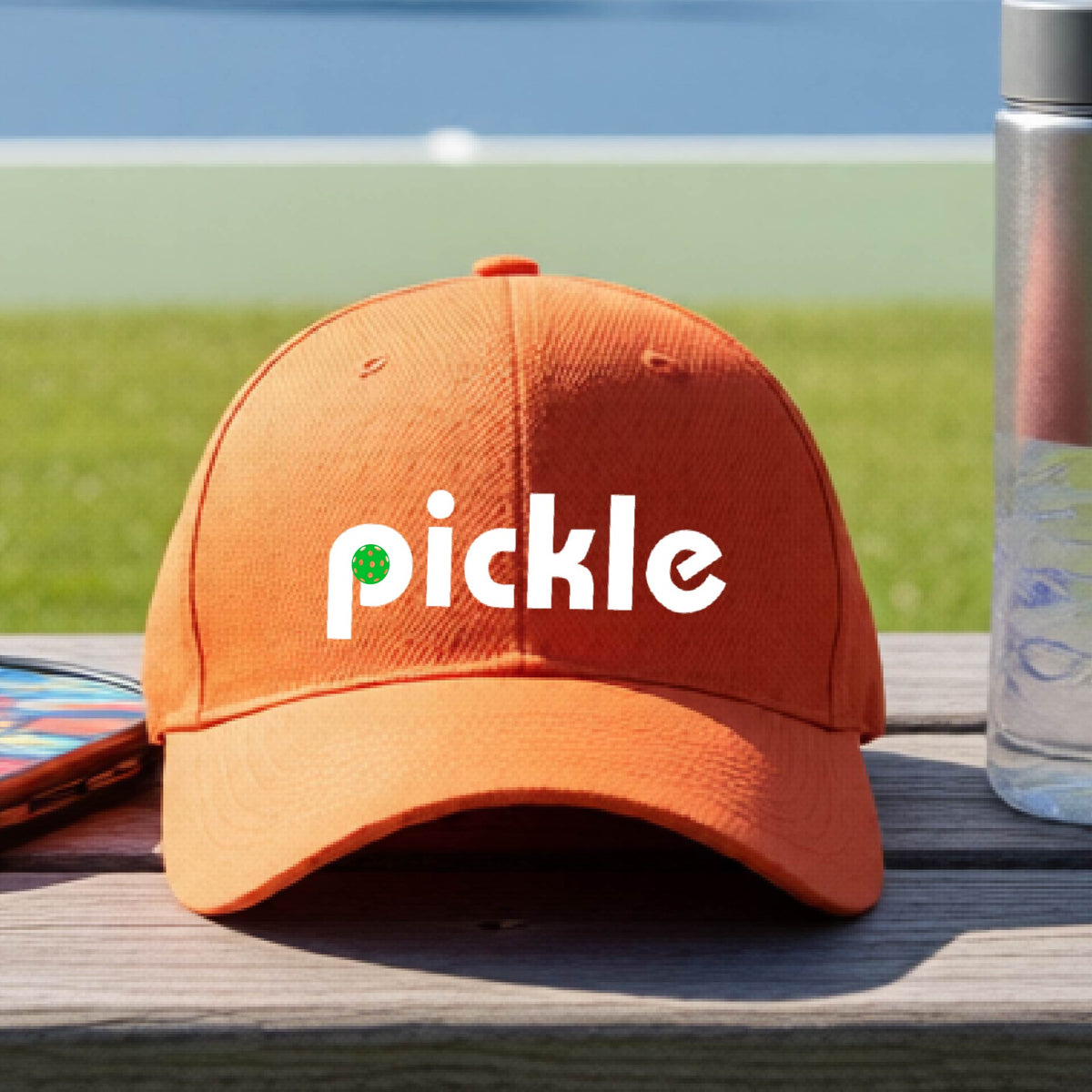 A close-up of an orange pickleball mid-profile hat with a white graphic of ‘PICKLE’ with a green pickleball integrated into the letter P, in front of a pickleball court. 