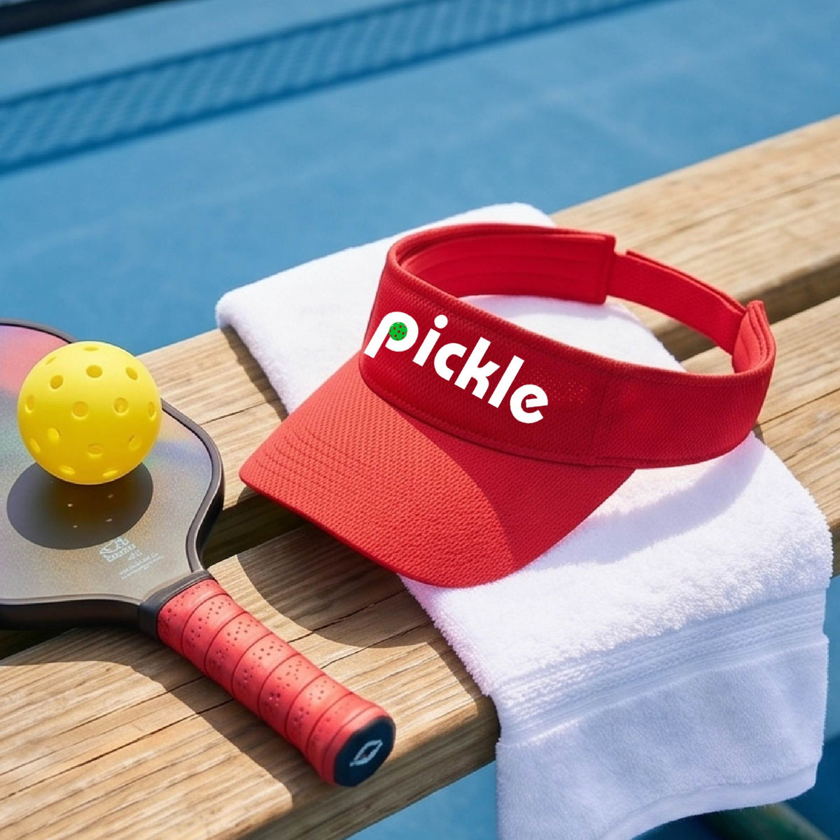 A close-up of a red pickleball visor with a white graphic of ‘PICKLE’ with a green pickleball integrated into the letter P, in front of a pickleball court. 