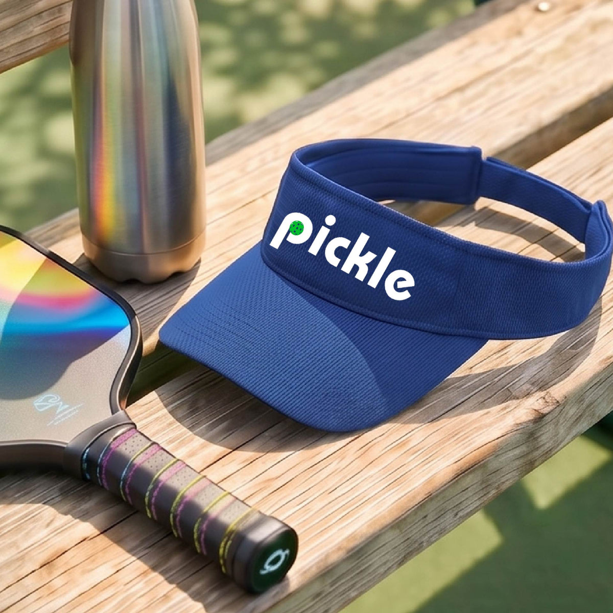 A close-up of a royal blue pickleball visor with a white graphic of ‘PICKLE’ with a green pickleball integrated into the letter P, in front of a pickleball court. 