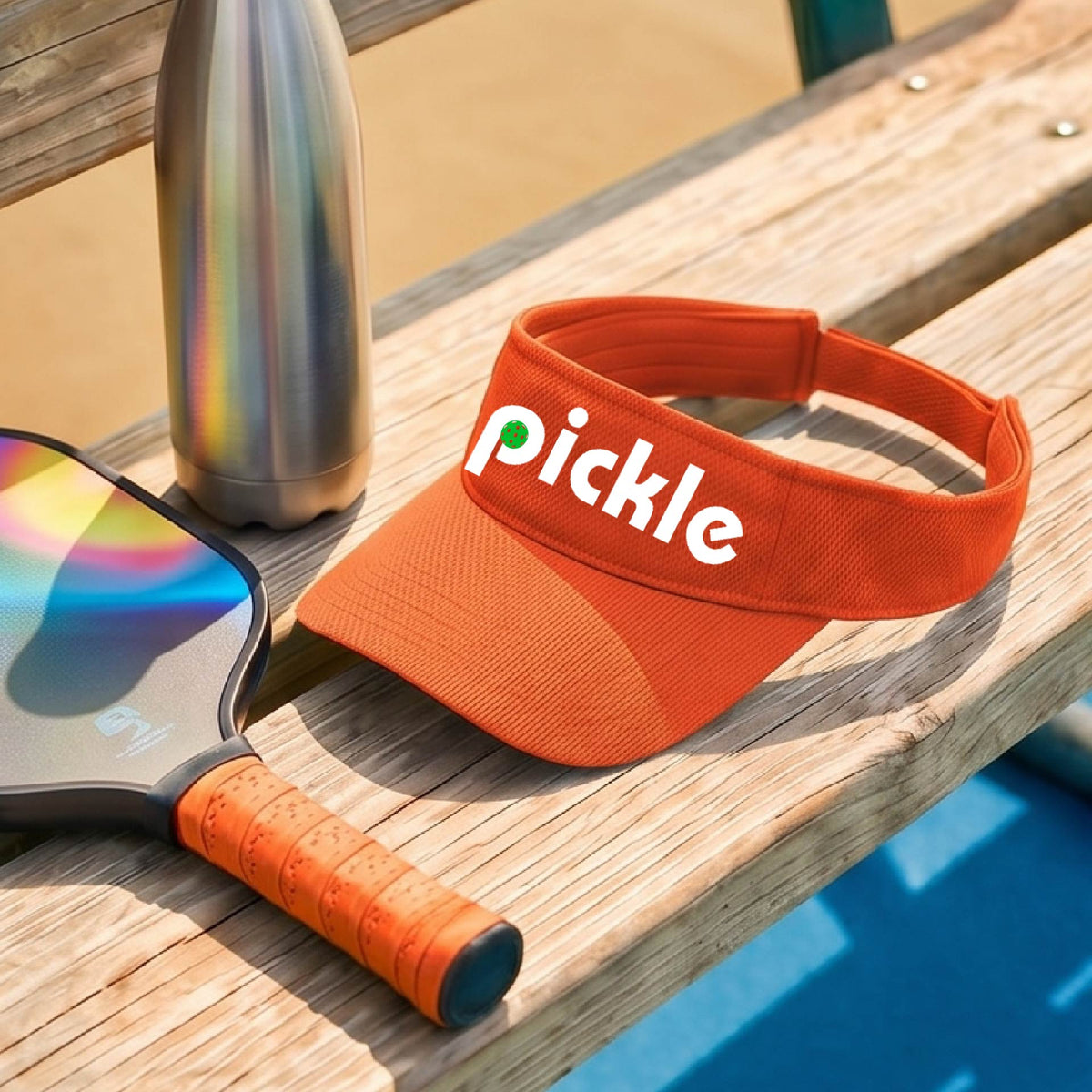 A close-up of an orange pickleball visor with a white graphic of ‘PICKLE’ with a green pickleball integrated into the letter P, in front of a pickleball court. 