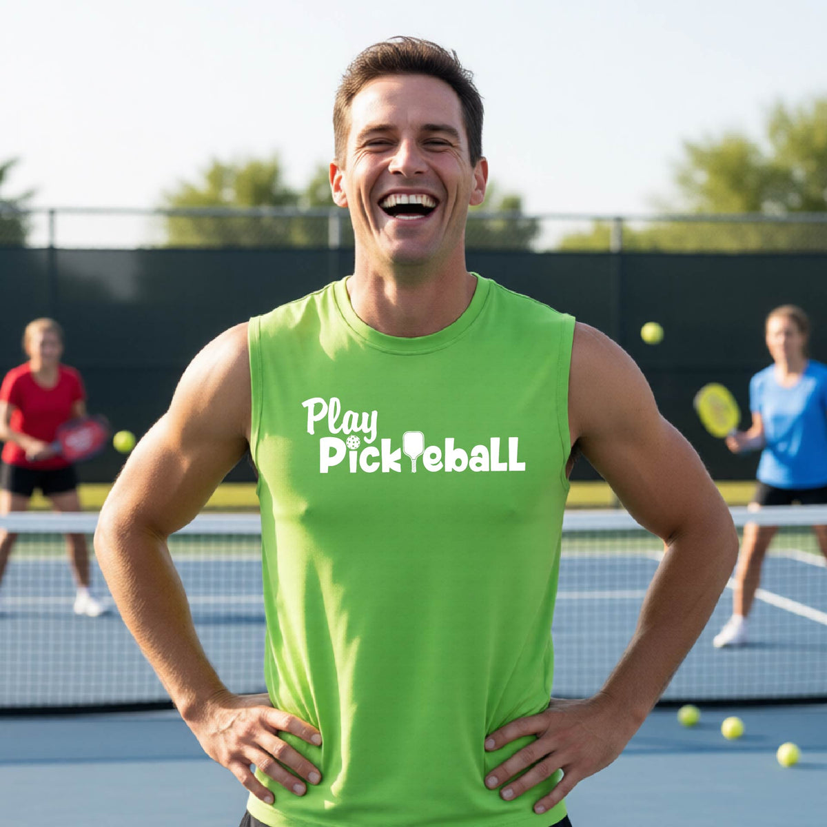 A man laughing on a pickleball court wearing a bright green sleeveless shirt with the white text 'Play Pickleball' across the chest. Other players and yellow balls are visible in the background.