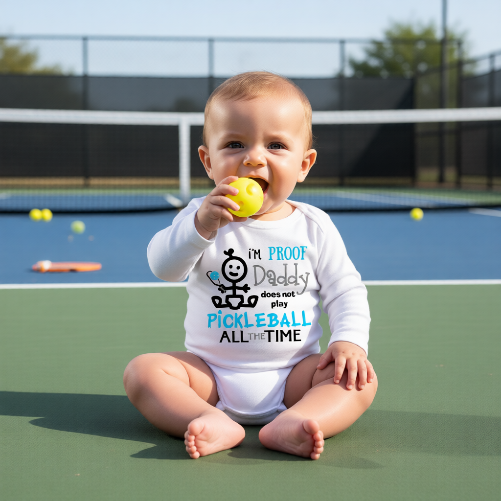 A baby sitting on a green pickleball court wearing a white long-sleeve bodysuit with a graphic that reads 'I'M PROOF Daddy does not play PICKLEBALL ALL THE TIME' in black and blue text. 