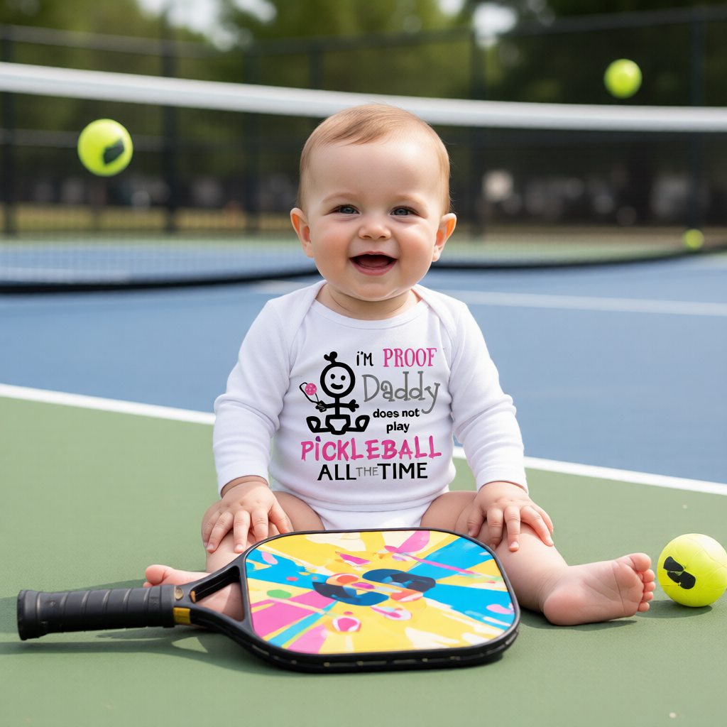 A baby sitting on a green pickleball court wearing a white long-sleeve bodysuit with a graphic that reads 'I'M PROOF Daddy does not play PICKLEBALL ALL THE TIME' in black and blue text. 